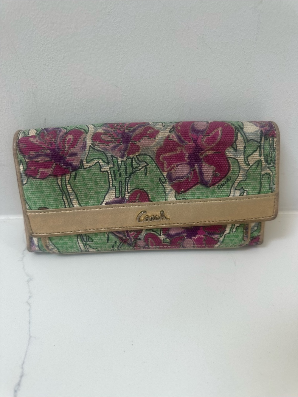 Coach Vintage Ashley in Floral Canvas Wallet - Magneta & Green - some wear